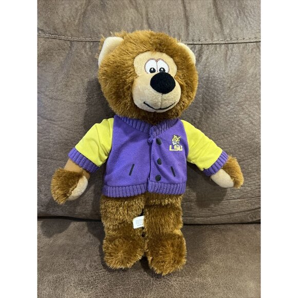LSU Tigers Toy Factory 14” Bear Plush Stuffed Animal Purple Letterman’s Jacket - Picture 1 of 10